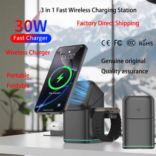 25W 3-in-1 Magnetic Wireless Charger Station - Fast Charging for iPhone 16/15/14/13, Apple Watch & AirPods - Ultimate Portable Convenience!