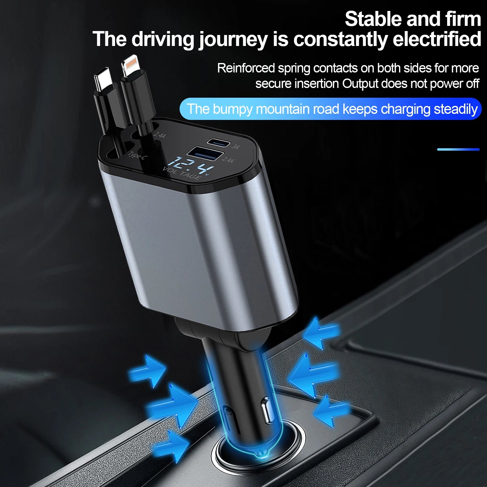 4 in 1 Retractable Car Charger, 100W Fast Car Phone Charger with Iphone and Type C Cable and 2 Charging Ports Car Charger Adapter