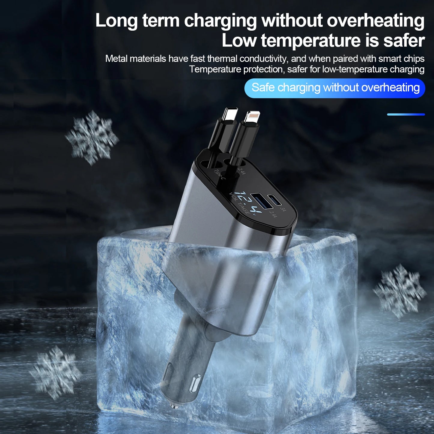 4 in 1 Retractable Car Charger, 100W Fast Car Phone Charger with Iphone and Type C Cable and 2 Charging Ports Car Charger Adapter